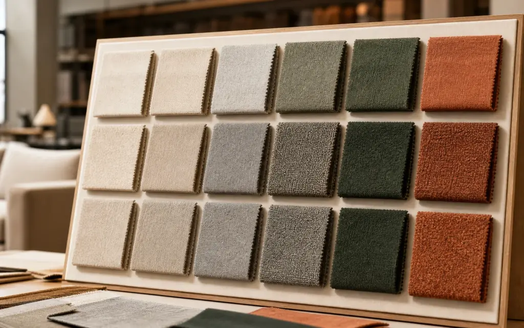 Synthetic demo image: three modular sofa units in coordinated oat, sage, and clay upholstery.
