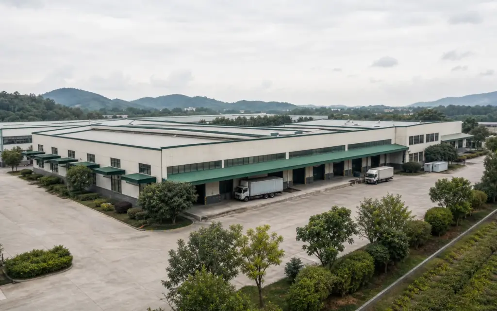 Synthetic demo image: illustrative aerial view of a sofa production campus; not a verified facility photograph.
