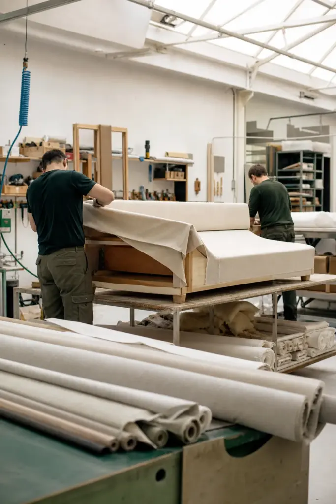 Synthetic demo image: illustrative upholstery workshop scene; not a verified factory photograph.