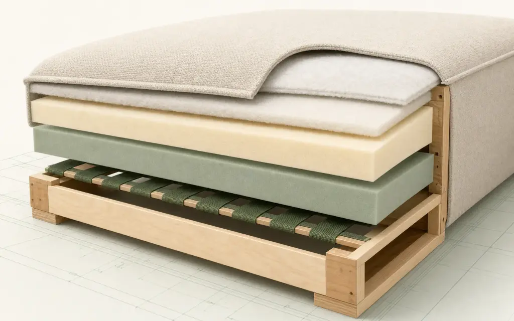 Demo illustration: sofa cushion and frame construction cutaway; specifications remain TBD.