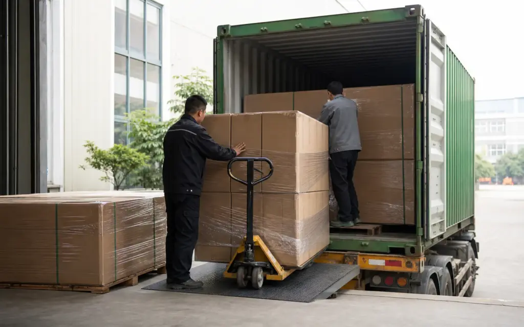 Synthetic demo image: illustrative sofa export-loading scene; no verified shipment claim.