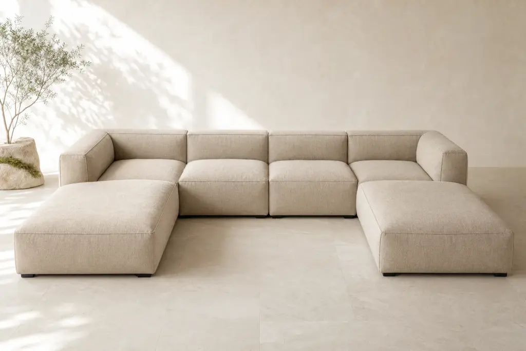 Synthetic demo image: warm-beige Aster U-shaped modular sectional sofa in a neutral studio.