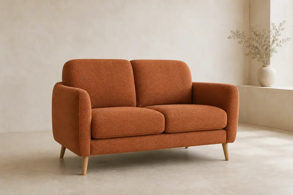 Synthetic demo image: clay-toned Mora compact loveseat in a neutral studio.