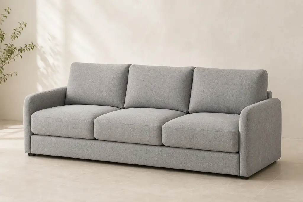 Synthetic demo image: fog-gray Nimbus three-seat sofa in a neutral studio.