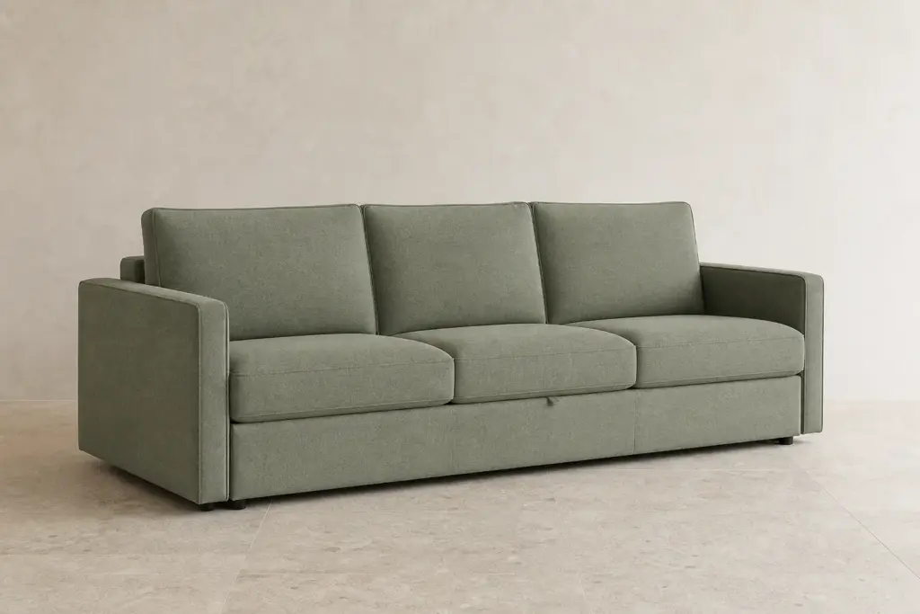 Synthetic demo image: muted-sage Vela sofa-bed concept in a neutral studio.
