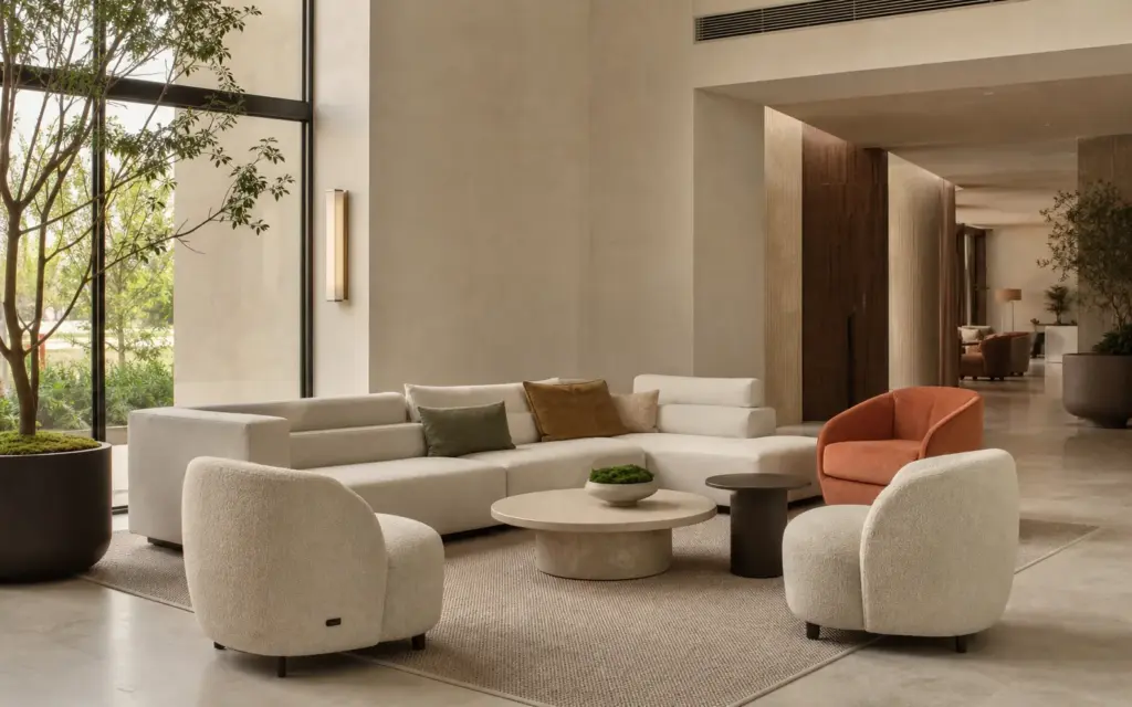 Synthetic demo image: illustrative hospitality lounge furnished with contract seating.