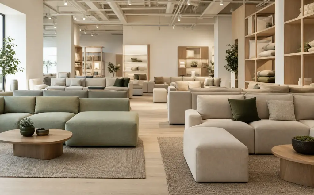 Synthetic demo image: illustrative contemporary furniture showroom installation.