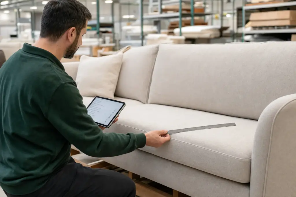 Synthetic demo image: illustrative sofa quality inspection scene; no verified test claim.