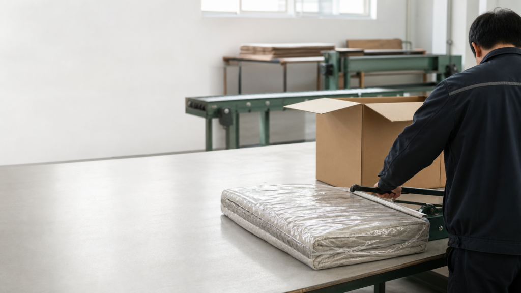 Illustrative packaging sequence: flat-packed sofa modules and carton.