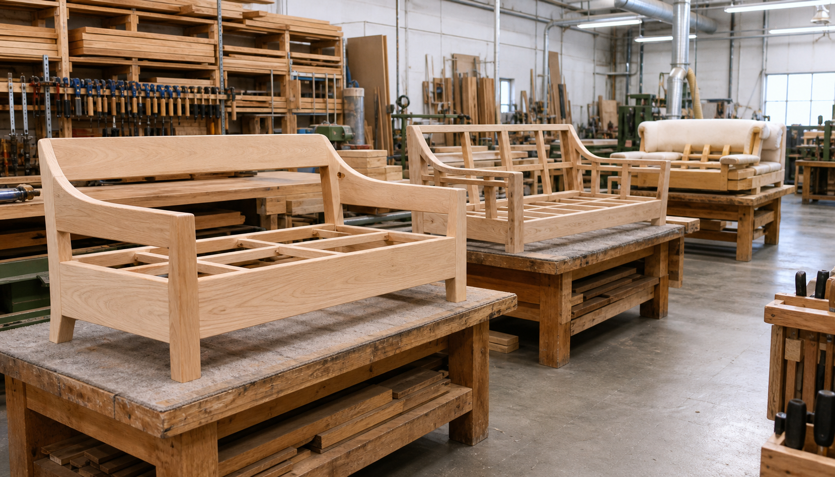 Factory process: wood frame workshop (illustrative).