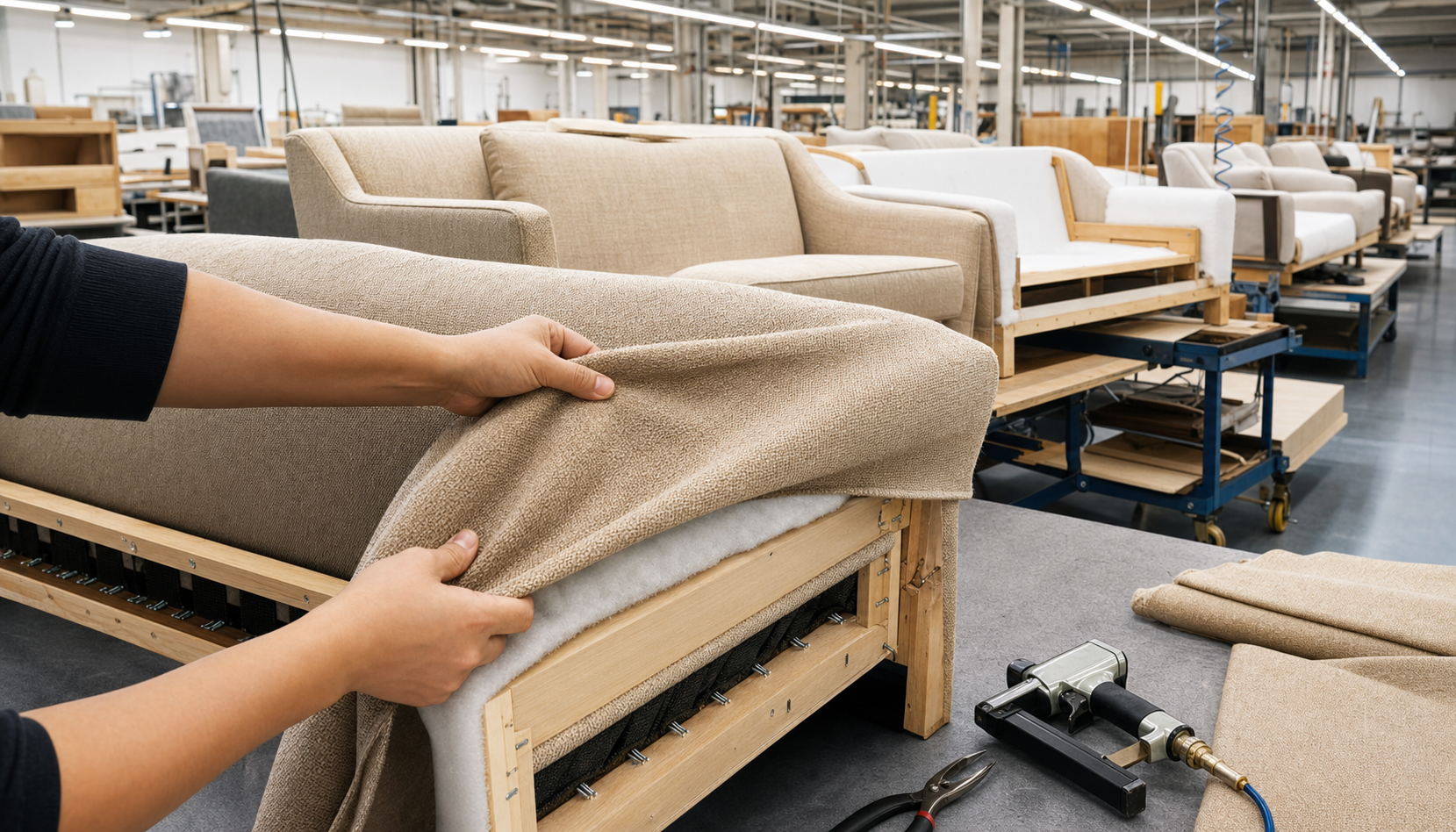 Factory process: upholstery production line (illustrative).