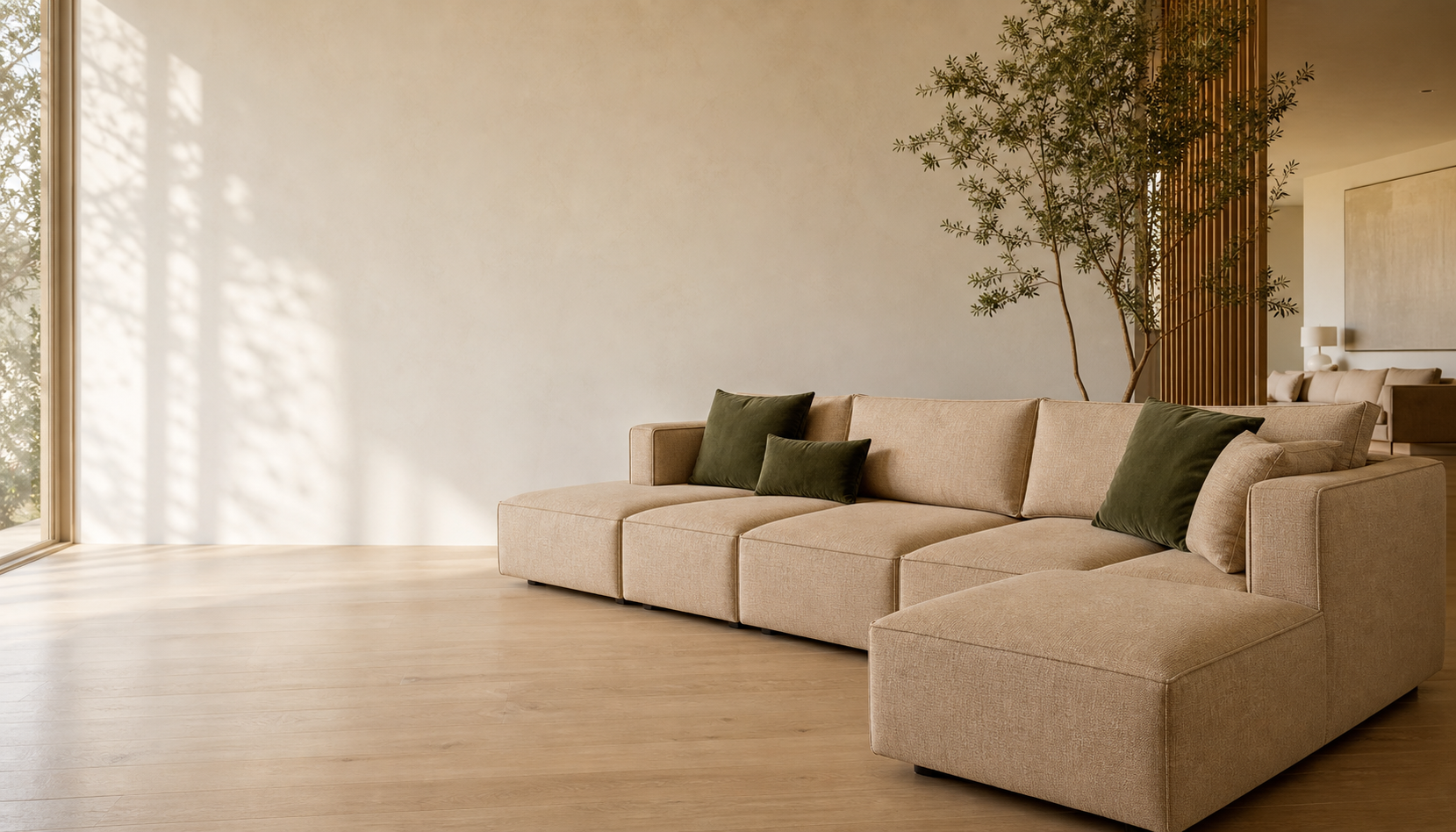 Modular sofa in a bright showroom with forest green accents (hero product illustration).
