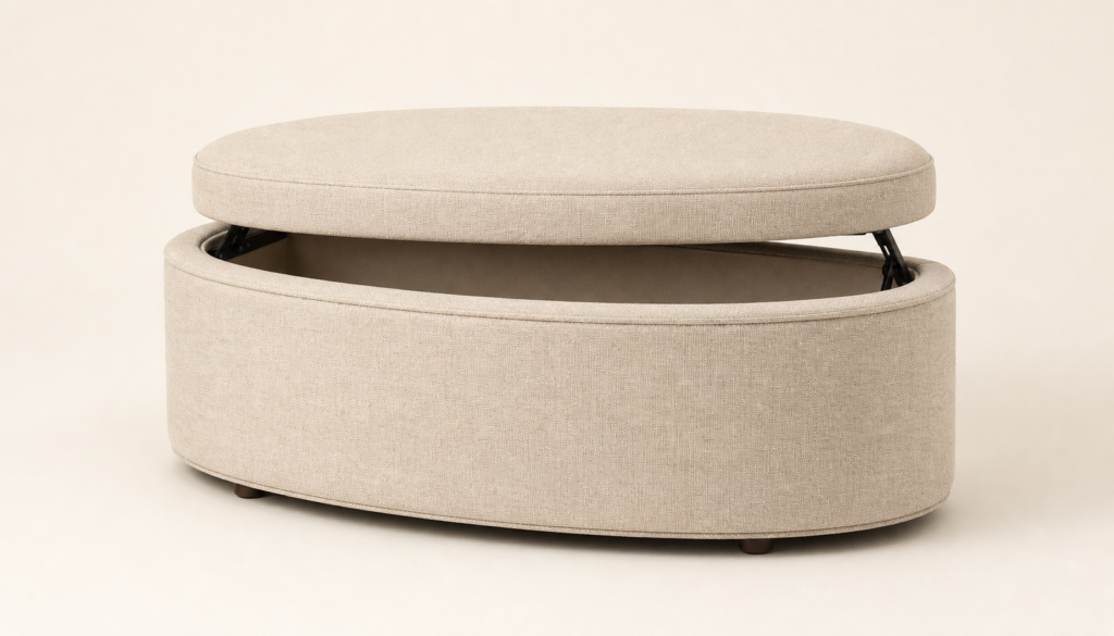 Pebble storage ottoman in warm oat (product illustration).