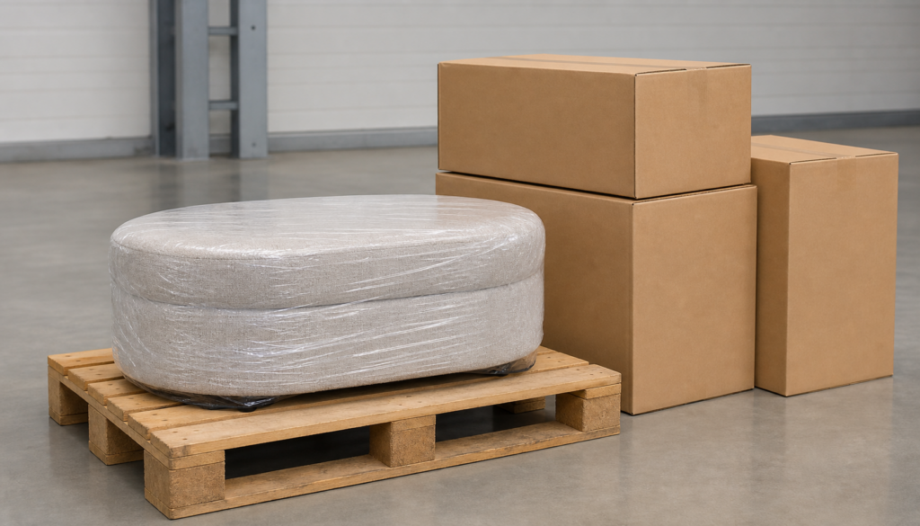 Packaging illustration for Pebble Storage Ottoman.