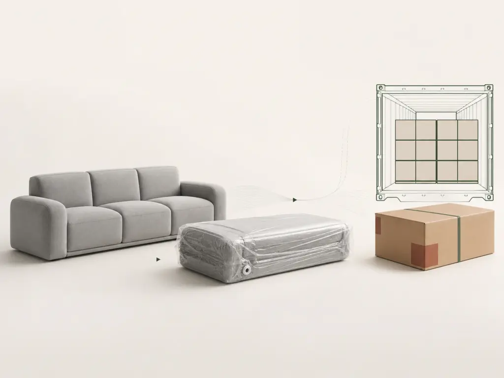 Generated demo compression poster: full sofa, vacuum-packed sofa, carton and container grid. Replace with owner-approved compression sequence before production.